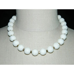 VTG MONET Signed Gold Toned White Plastic Textured Beaded Necklace - 17.5"